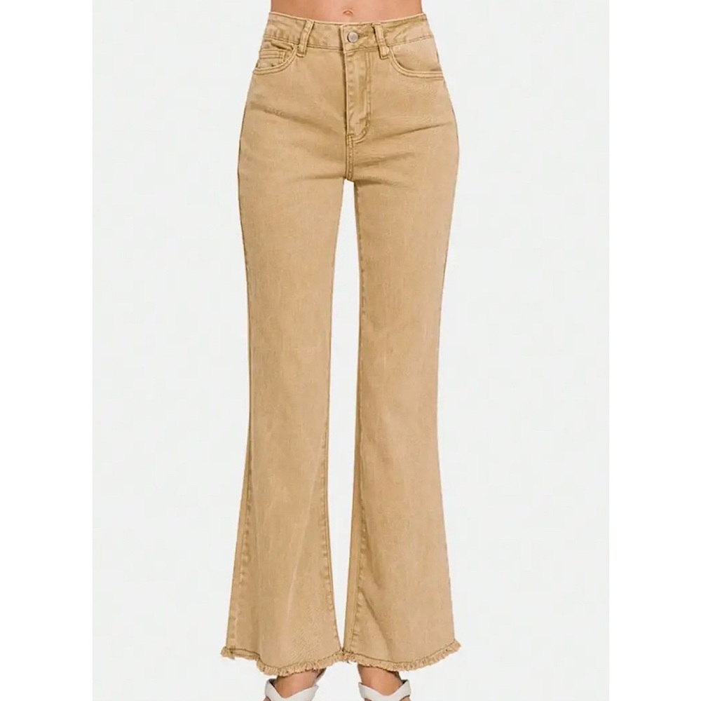 NEW tan denim frayed hem flare ankle bell bottom retro vintage style jeans 12/14